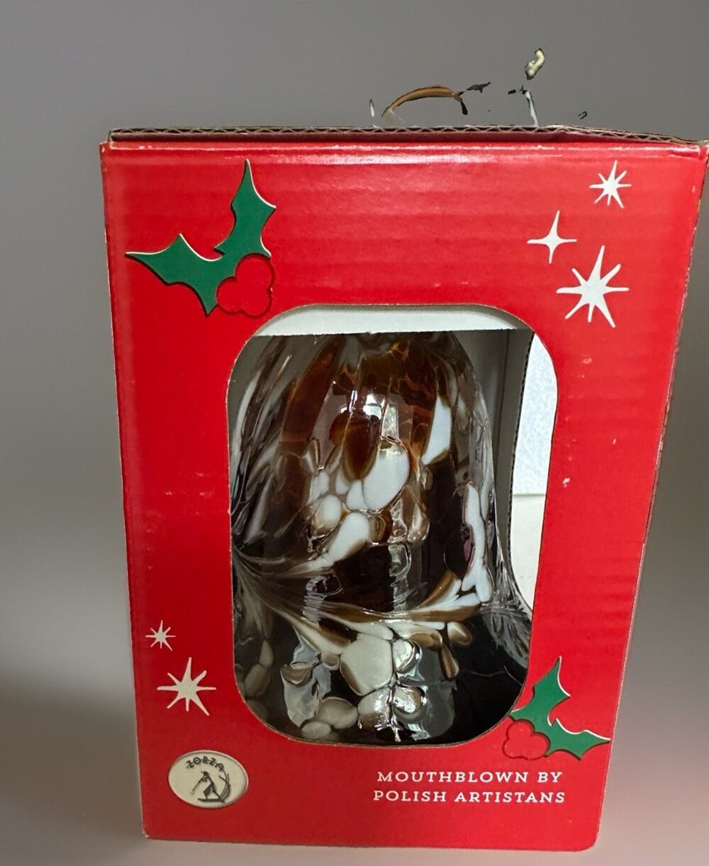 New In Box Zorza Hand Blown Large Handmade Glass Ornament Bell Poland Hanging 5”